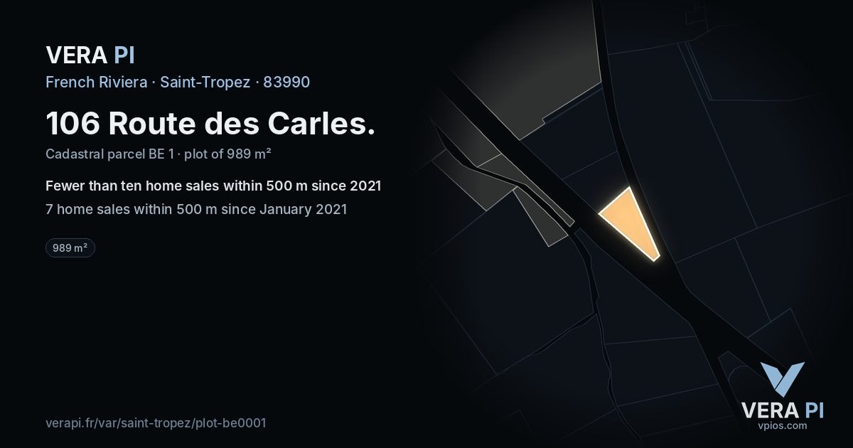 106 Route des Carles, Saint-Tropez at night – the plot lit, the parcels around coloured by the prices near them