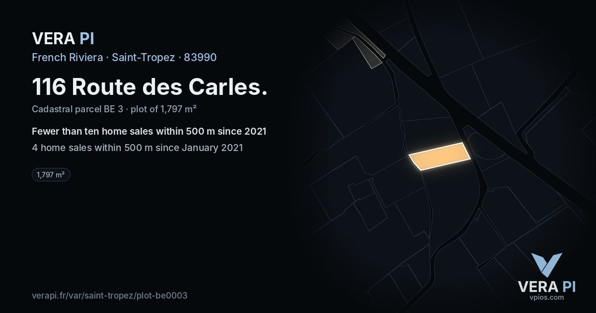 116 Route des Carles, Saint-Tropez at night – the plot lit, the parcels around coloured by the prices near them