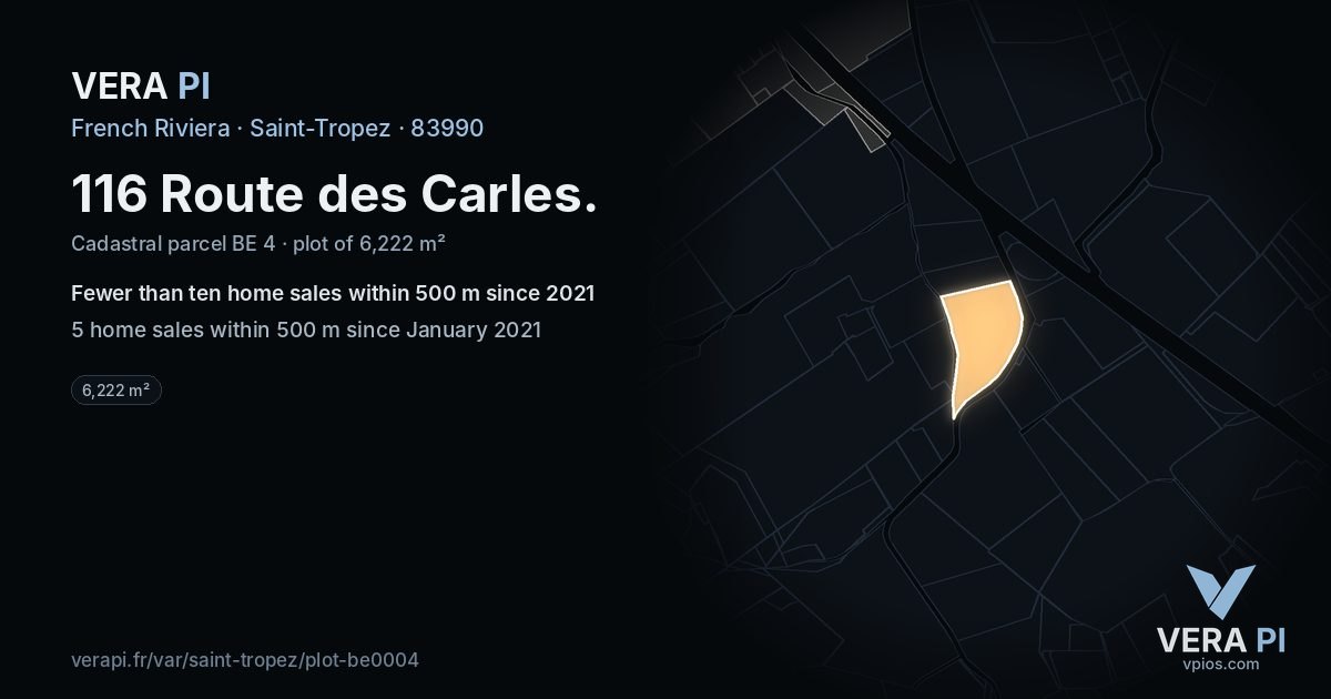 116 Route des Carles, Saint-Tropez at night – the plot lit, the parcels around coloured by the prices near them