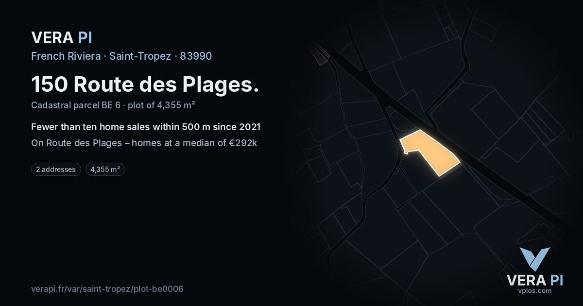150 Route des Plages, Saint-Tropez at night – the plot lit, the parcels around coloured by the prices near them