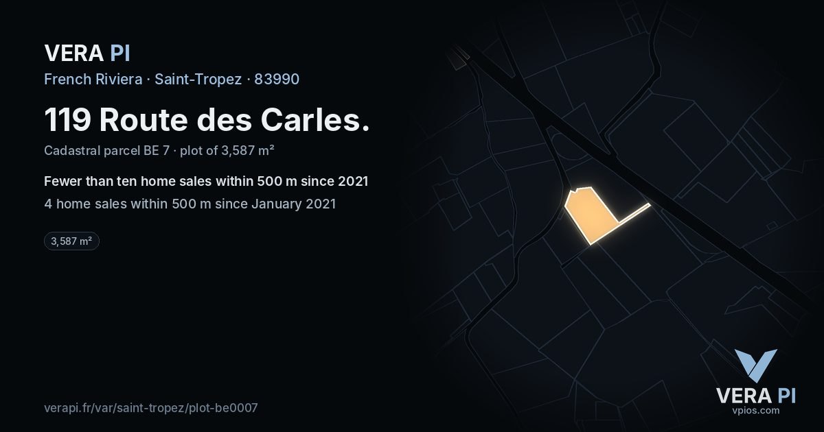 119 Route des Carles, Saint-Tropez at night – the plot lit, the parcels around coloured by the prices near them