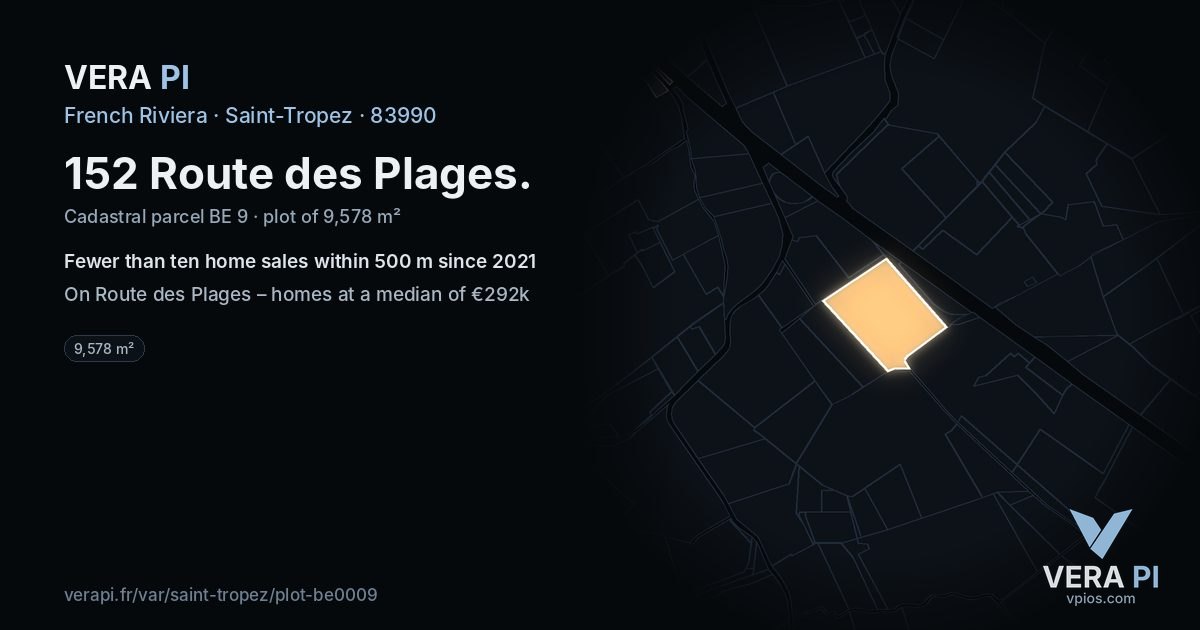 152 Route des Plages, Saint-Tropez at night – the plot lit, the parcels around coloured by the prices near them