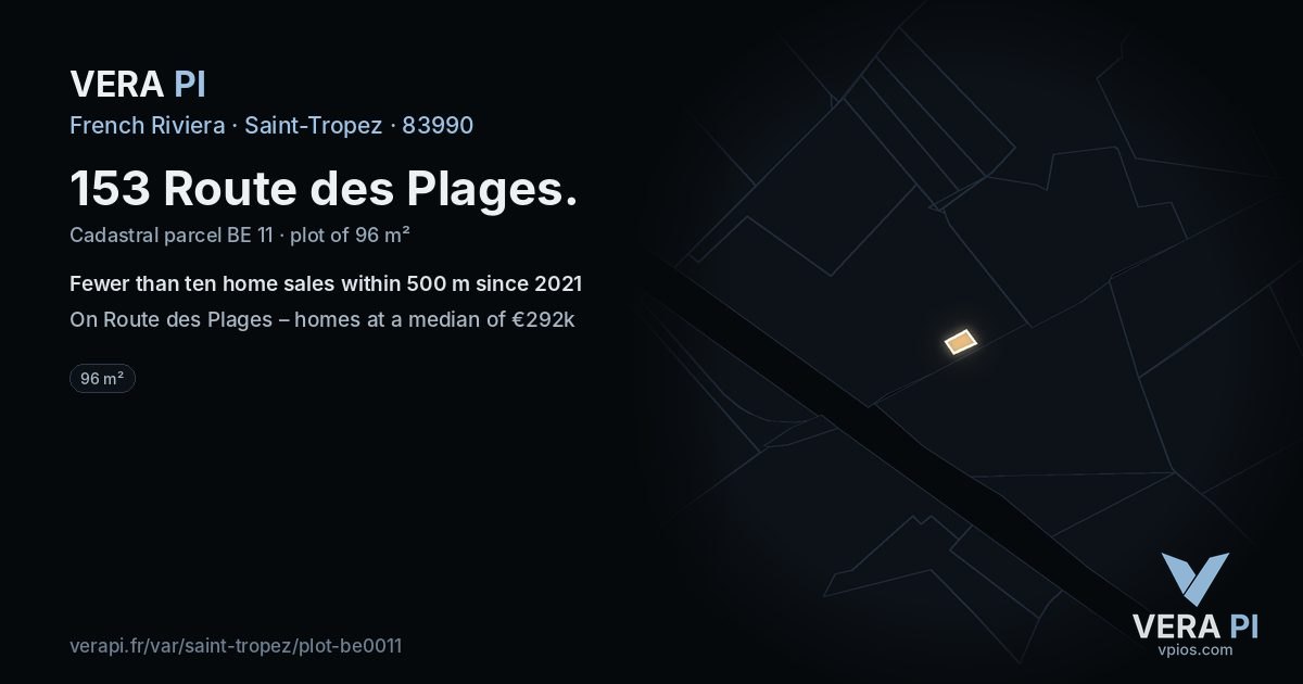 153 Route des Plages, Saint-Tropez at night – the plot lit, the parcels around coloured by the prices near them