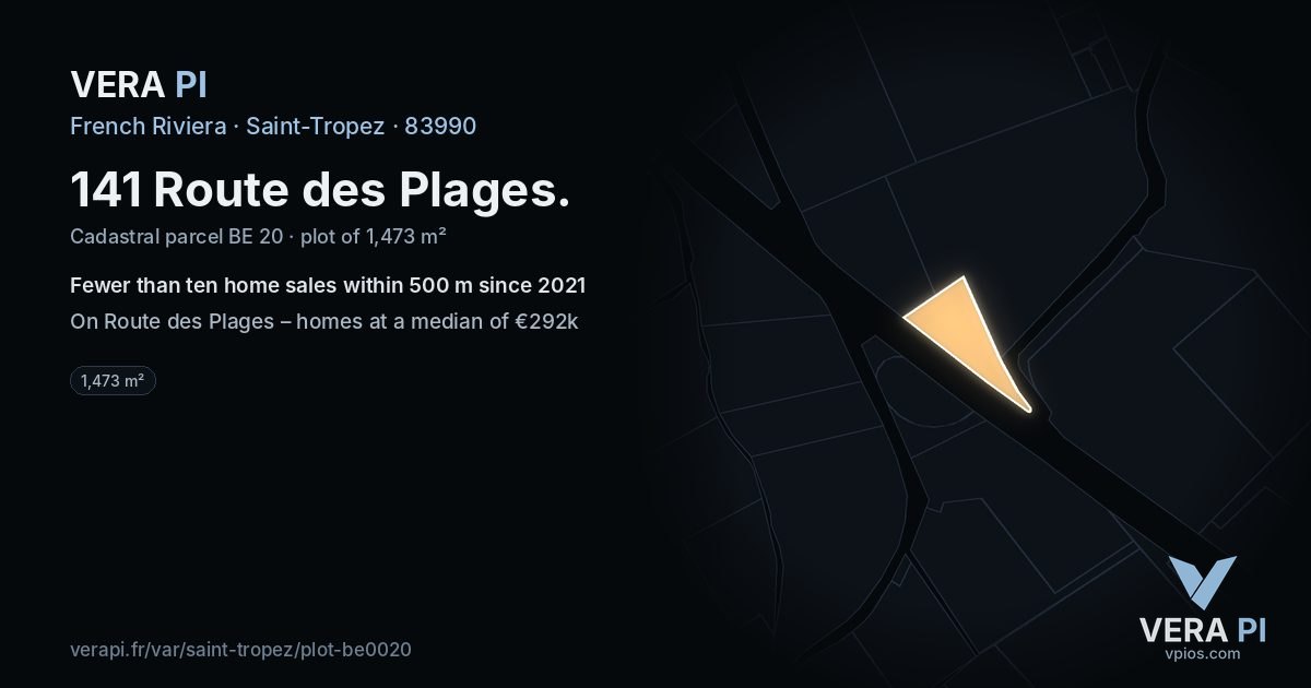 141 Route des Plages, Saint-Tropez at night – the plot lit, the parcels around coloured by the prices near them