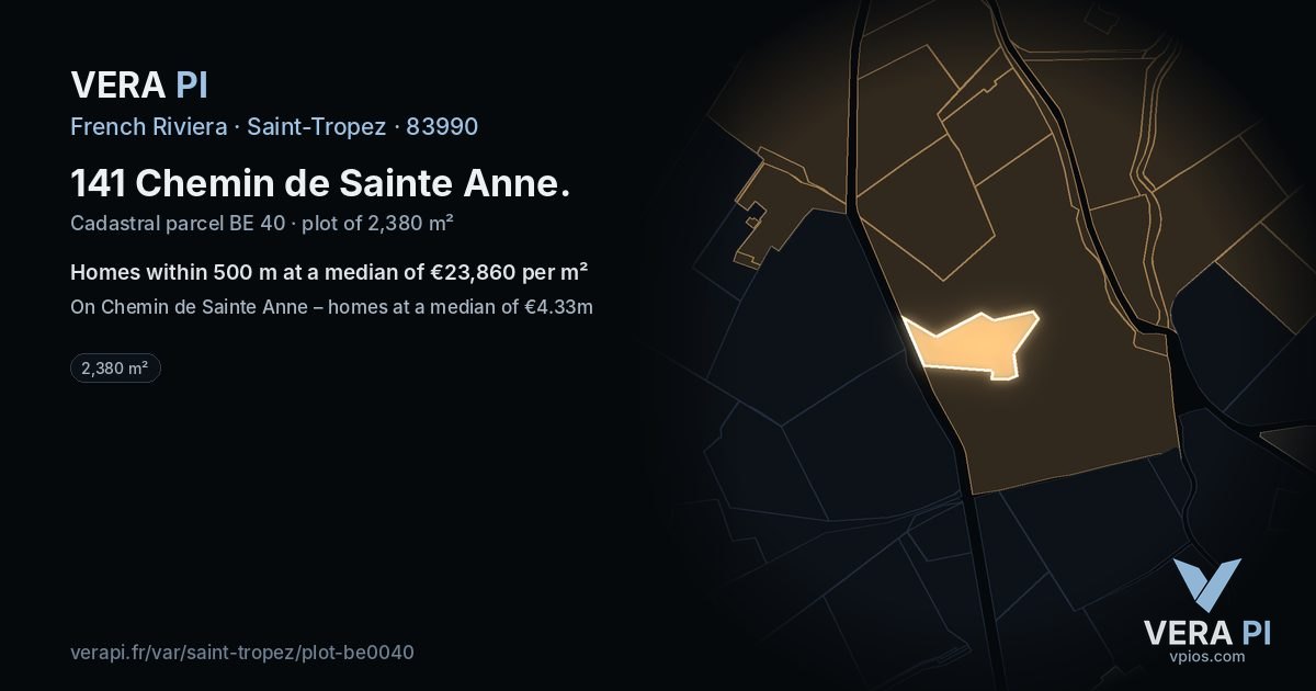 141 Chemin de Sainte Anne, Saint-Tropez at night – the plot lit, the parcels around coloured by the prices near them