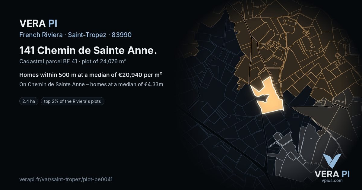 141 Chemin de Sainte Anne, Saint-Tropez at night – the plot lit, the parcels around coloured by the prices near them