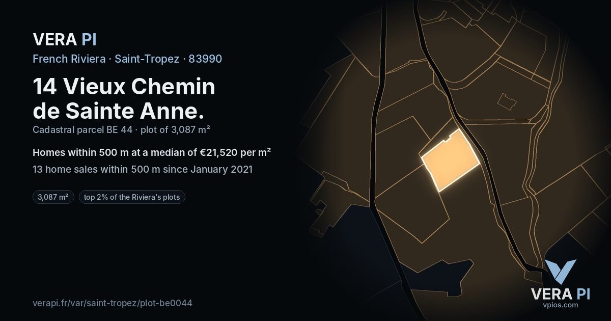 14 Vieux Chemin de Sainte Anne, Saint-Tropez at night – the plot lit, the parcels around coloured by the prices near them