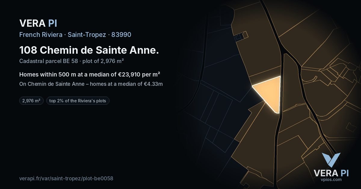 108 Chemin de Sainte Anne, Saint-Tropez at night – the plot lit, the parcels around coloured by the prices near them