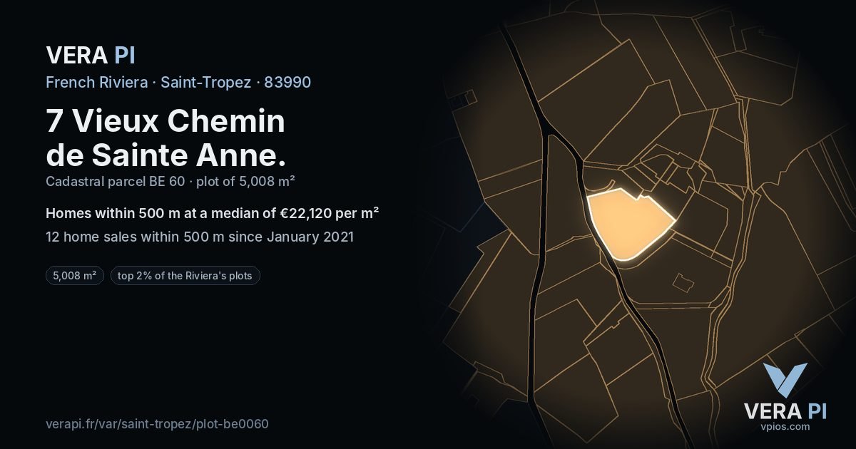 7 Vieux Chemin de Sainte Anne, Saint-Tropez at night – the plot lit, the parcels around coloured by the prices near them