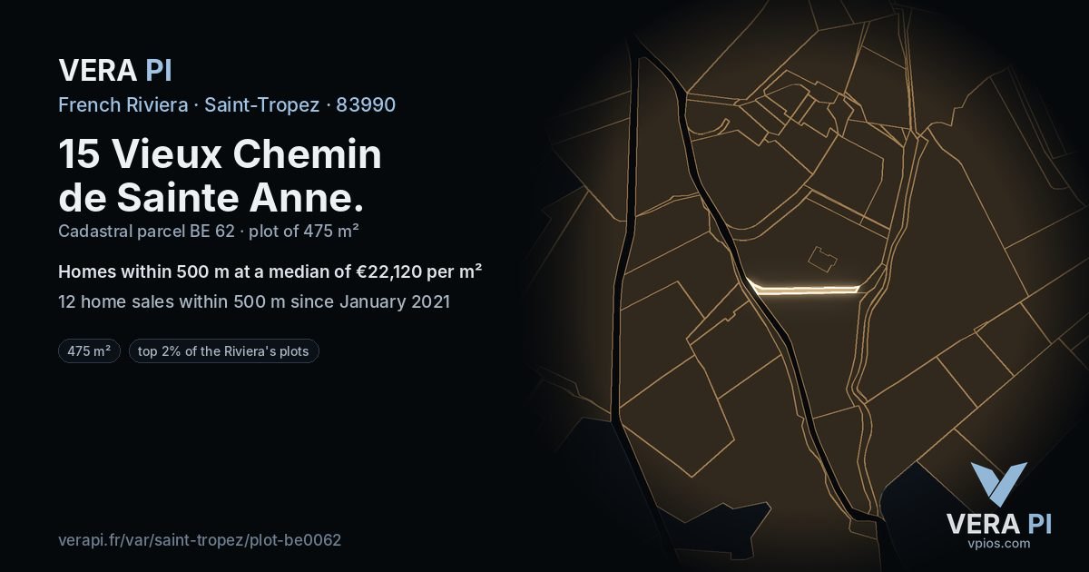 15 Vieux Chemin de Sainte Anne, Saint-Tropez at night – the plot lit, the parcels around coloured by the prices near them