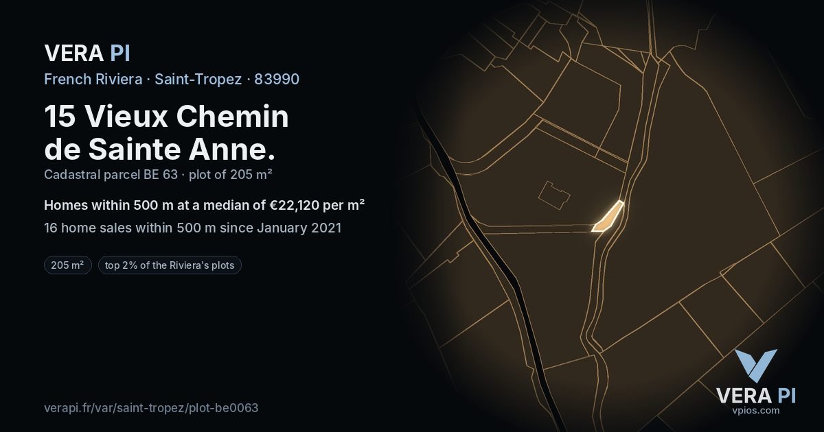 15 Vieux Chemin de Sainte Anne, Saint-Tropez at night – the plot lit, the parcels around coloured by the prices near them