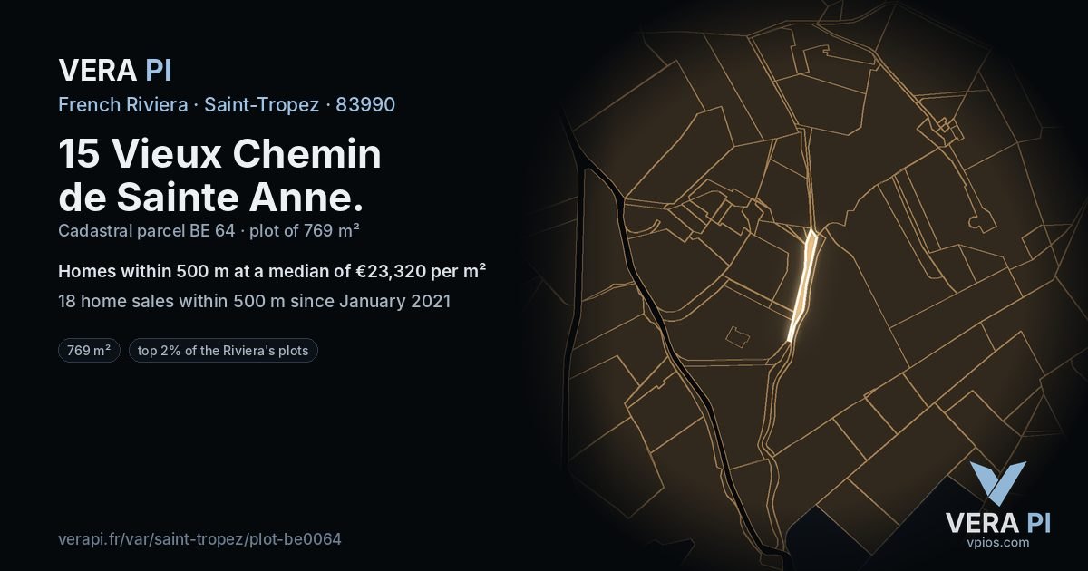 15 Vieux Chemin de Sainte Anne, Saint-Tropez at night – the plot lit, the parcels around coloured by the prices near them