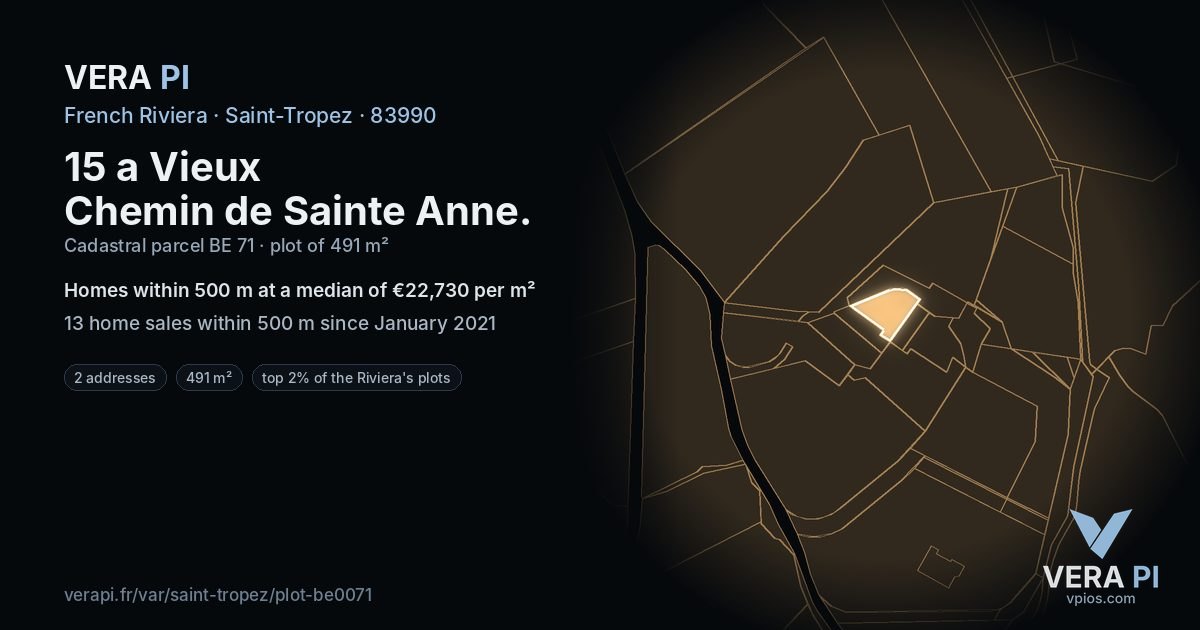 15 a Vieux Chemin de Sainte Anne, Saint-Tropez at night – the plot lit, the parcels around coloured by the prices near them