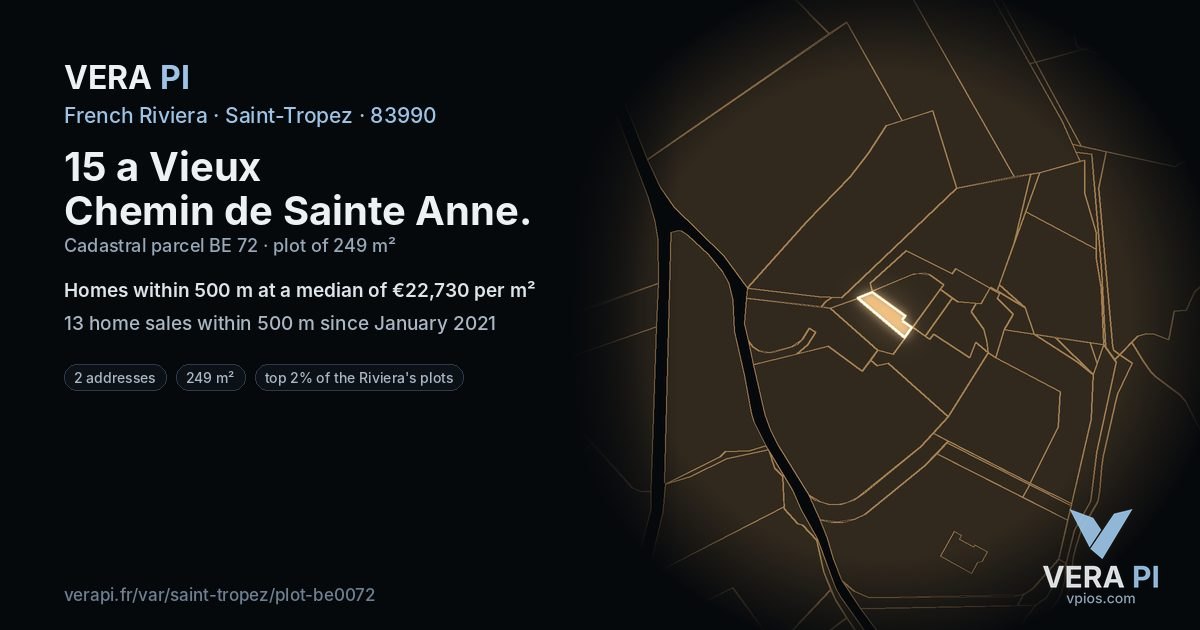 15 a Vieux Chemin de Sainte Anne, Saint-Tropez at night – the plot lit, the parcels around coloured by the prices near them