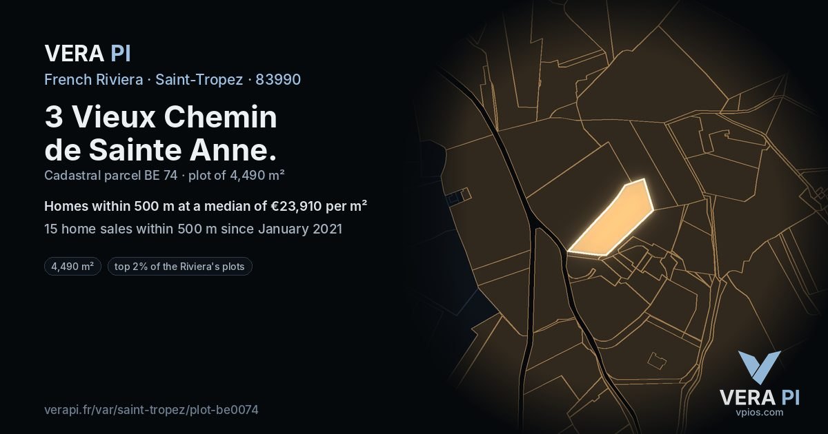 3 Vieux Chemin de Sainte Anne, Saint-Tropez at night – the plot lit, the parcels around coloured by the prices near them