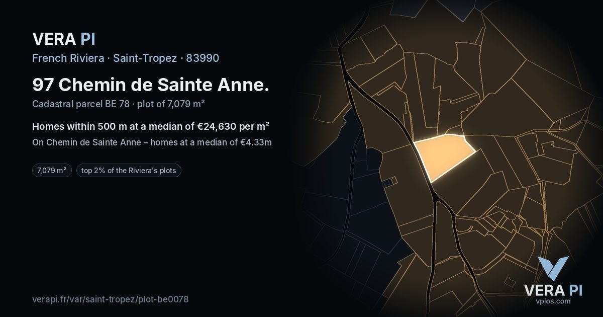 97 Chemin de Sainte Anne, Saint-Tropez at night – the plot lit, the parcels around coloured by the prices near them