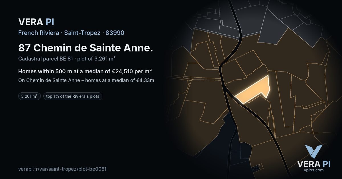 87 Chemin de Sainte Anne, Saint-Tropez at night – the plot lit, the parcels around coloured by the prices near them
