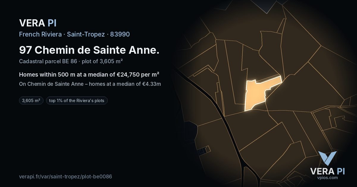 97 Chemin de Sainte Anne, Saint-Tropez at night – the plot lit, the parcels around coloured by the prices near them