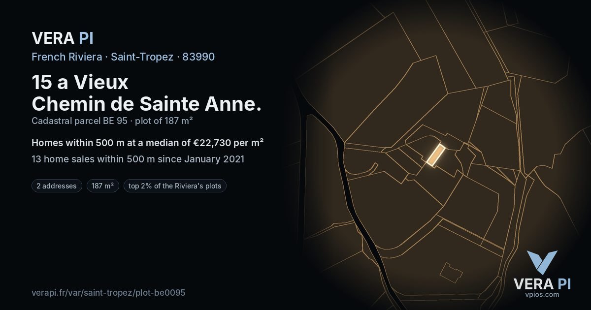15 a Vieux Chemin de Sainte Anne, Saint-Tropez at night – the plot lit, the parcels around coloured by the prices near them