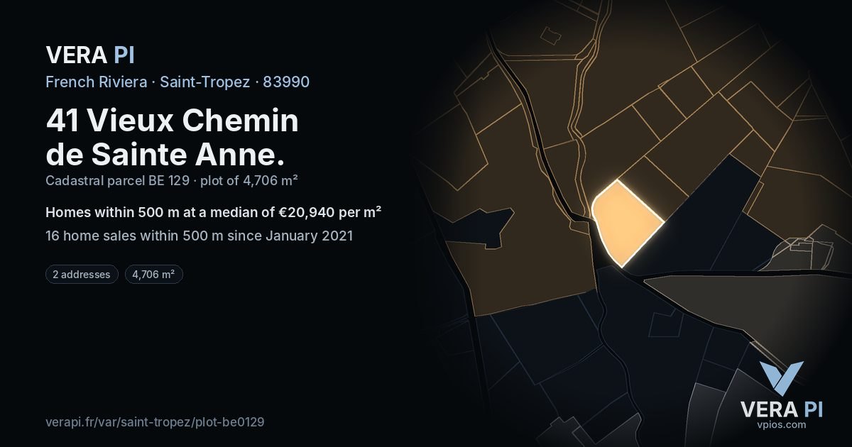 41 Vieux Chemin de Sainte Anne, Saint-Tropez at night – the plot lit, the parcels around coloured by the prices near them