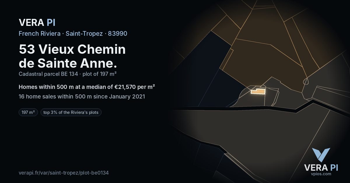 53 Vieux Chemin de Sainte Anne, Saint-Tropez at night – the plot lit, the parcels around coloured by the prices near them