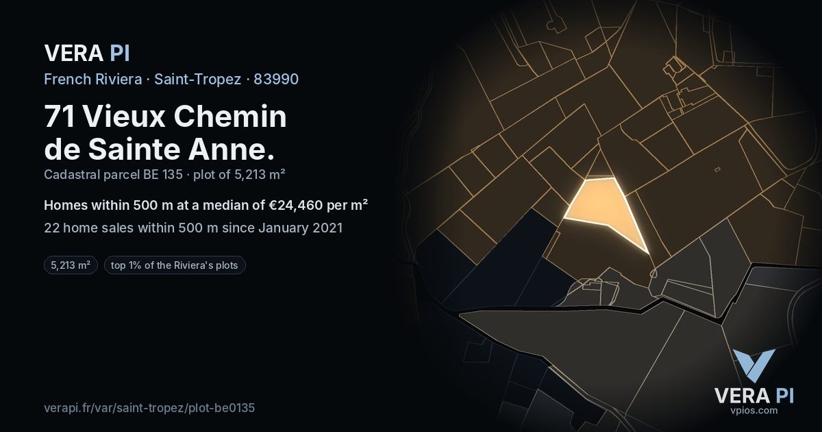 71 Vieux Chemin de Sainte Anne, Saint-Tropez at night – the plot lit, the parcels around coloured by the prices near them