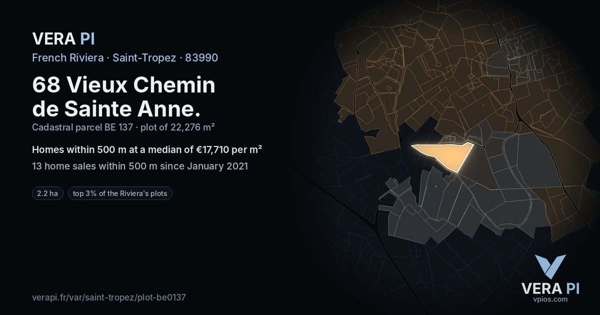 68 Vieux Chemin de Sainte Anne, Saint-Tropez at night – the plot lit, the parcels around coloured by the prices near them