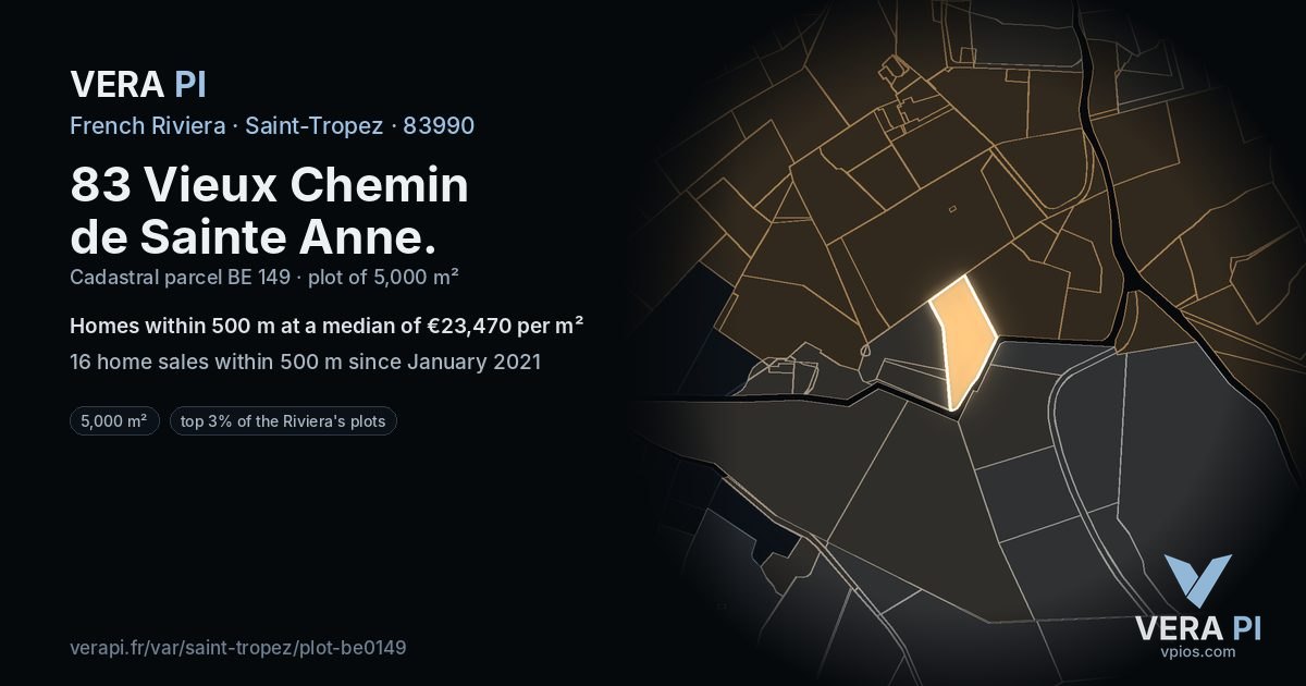 83 Vieux Chemin de Sainte Anne, Saint-Tropez at night – the plot lit, the parcels around coloured by the prices near them