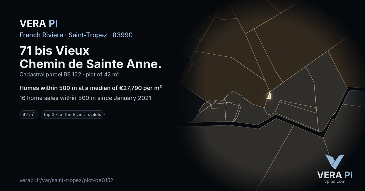71 bis Vieux Chemin de Sainte Anne, Saint-Tropez at night – the plot lit, the parcels around coloured by the prices near them