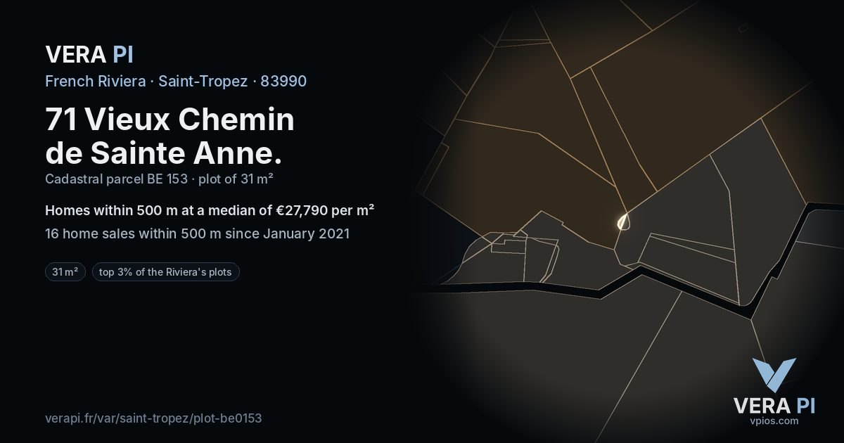 71 Vieux Chemin de Sainte Anne, Saint-Tropez at night – the plot lit, the parcels around coloured by the prices near them