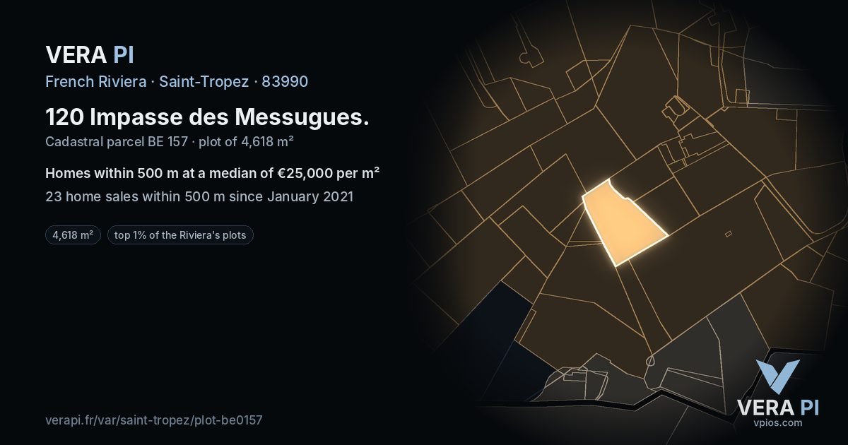 120 Impasse des Messugues, Saint-Tropez at night – the plot lit, the parcels around coloured by the prices near them