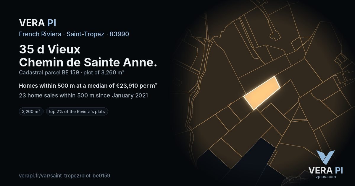 35 d Vieux Chemin de Sainte Anne, Saint-Tropez at night – the plot lit, the parcels around coloured by the prices near them