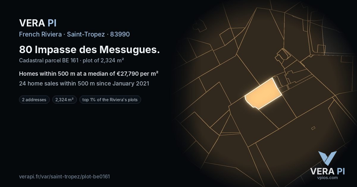 80 Impasse des Messugues, Saint-Tropez at night – the plot lit, the parcels around coloured by the prices near them