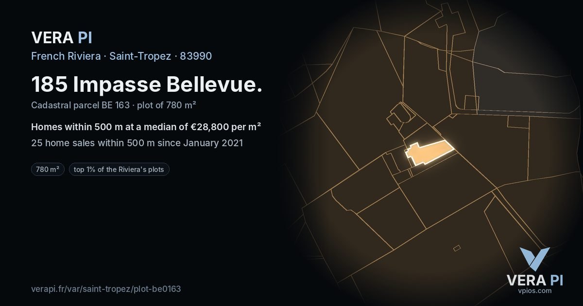 185 Impasse Bellevue, Saint-Tropez at night – the plot lit, the parcels around coloured by the prices near them