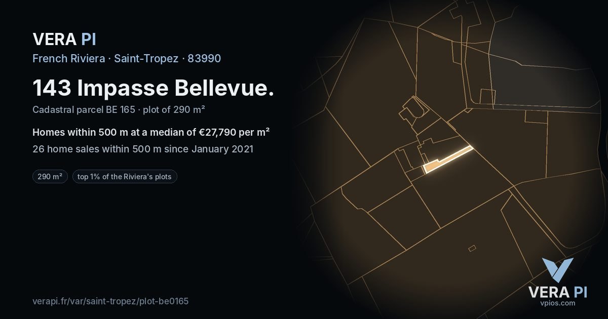 143 Impasse Bellevue, Saint-Tropez at night – the plot lit, the parcels around coloured by the prices near them
