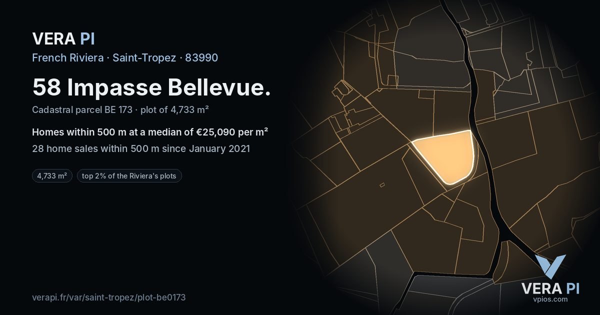 58 Impasse Bellevue, Saint-Tropez at night – the plot lit, the parcels around coloured by the prices near them