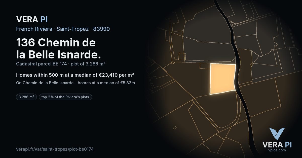 136 Chemin de la Belle Isnarde, Saint-Tropez at night – the plot lit, the parcels around coloured by the prices near them