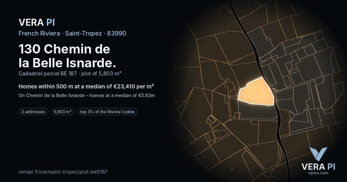 130 Chemin de la Belle Isnarde, Saint-Tropez at night – the plot lit, the parcels around coloured by the prices near them