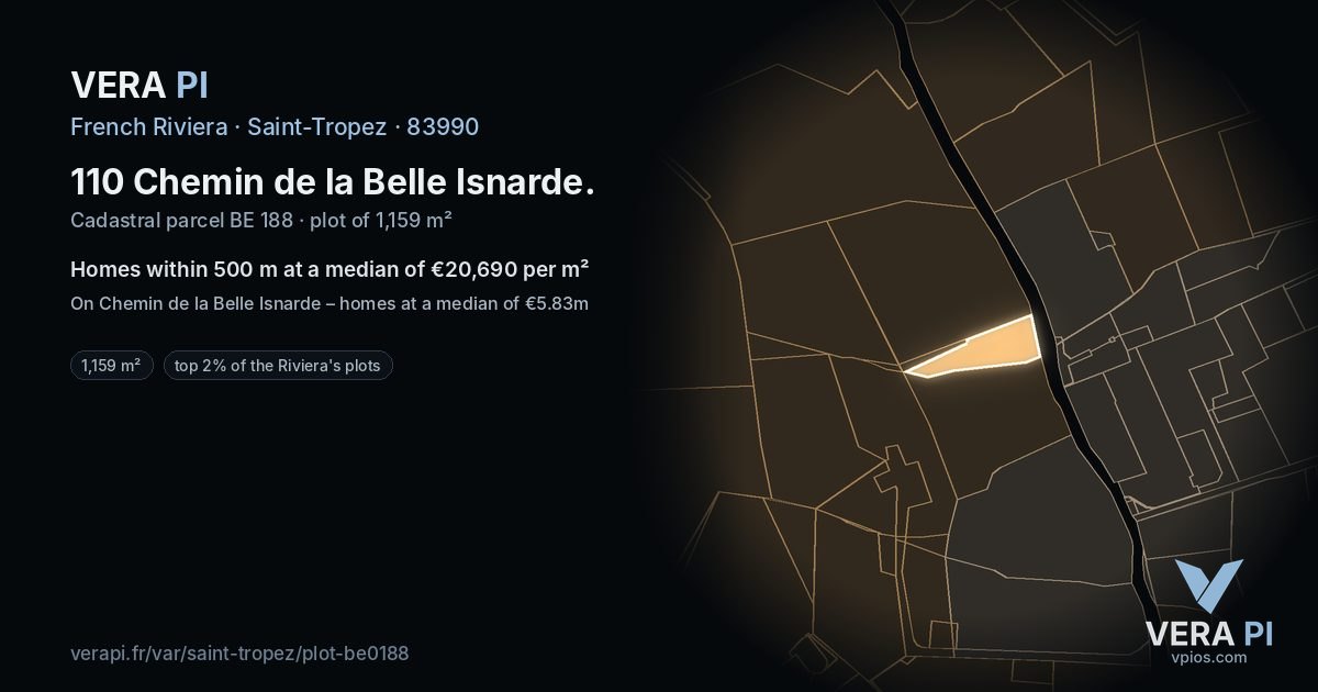 110 Chemin de la Belle Isnarde, Saint-Tropez at night – the plot lit, the parcels around coloured by the prices near them