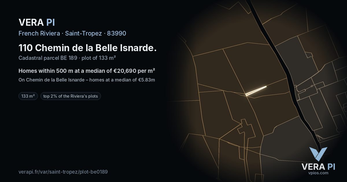 110 Chemin de la Belle Isnarde, Saint-Tropez at night – the plot lit, the parcels around coloured by the prices near them