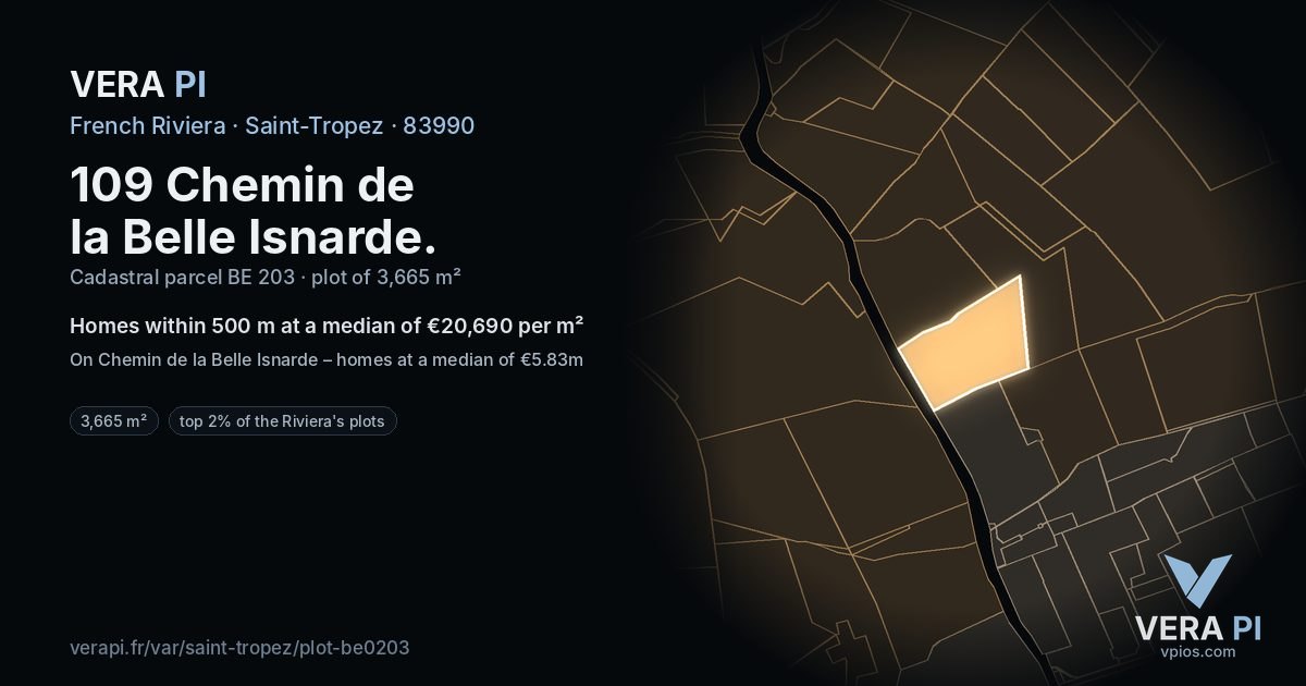 109 Chemin de la Belle Isnarde, Saint-Tropez at night – the plot lit, the parcels around coloured by the prices near them
