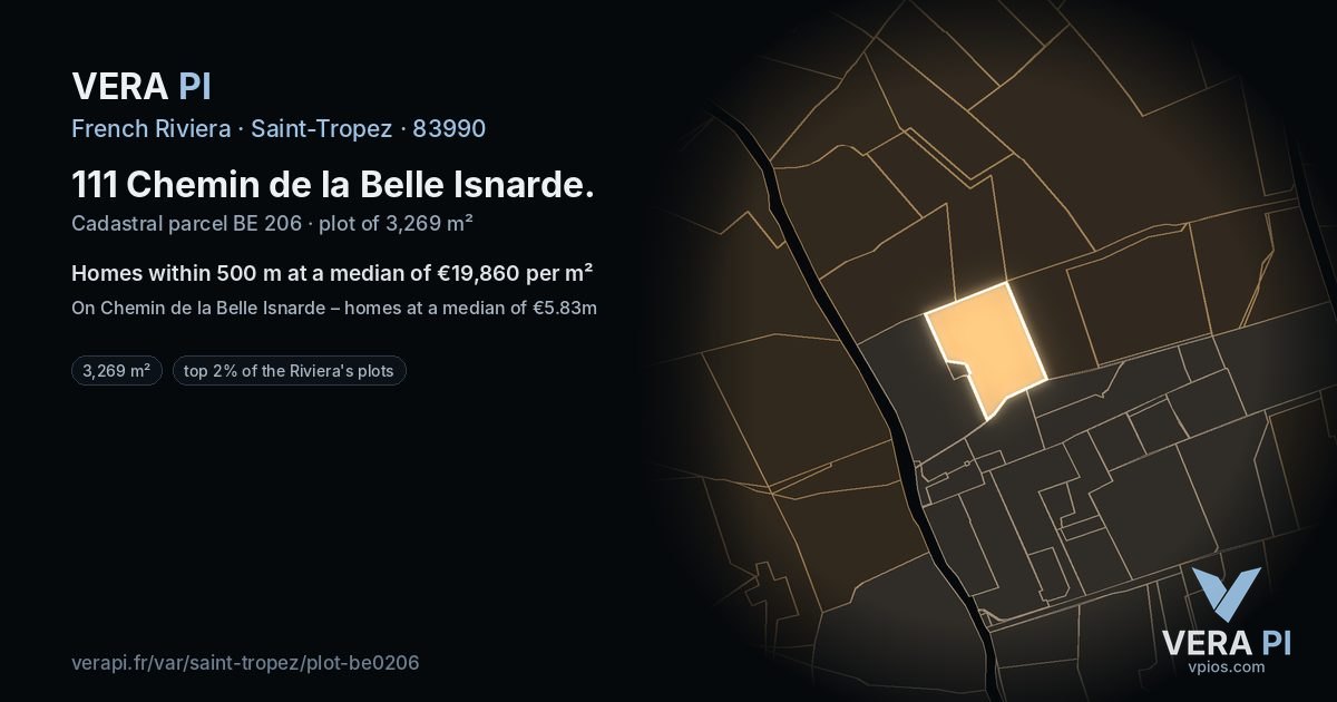 111 Chemin de la Belle Isnarde, Saint-Tropez at night – the plot lit, the parcels around coloured by the prices near them