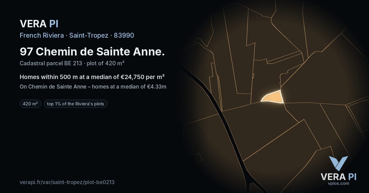 97 Chemin de Sainte Anne, Saint-Tropez at night – the plot lit, the parcels around coloured by the prices near them