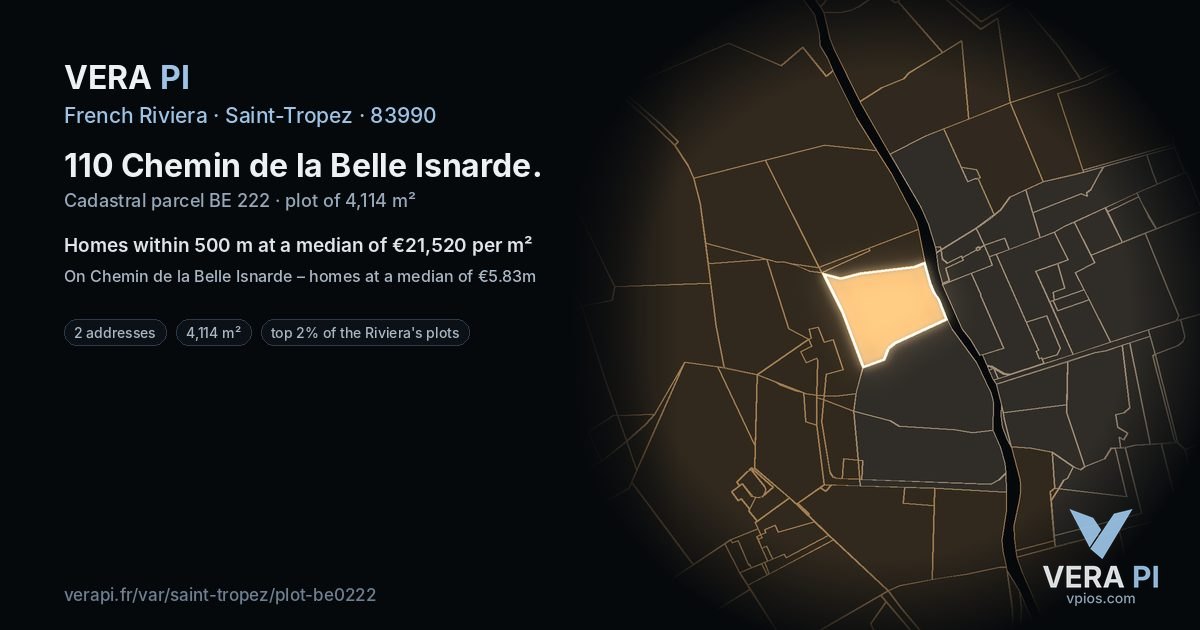 110 Chemin de la Belle Isnarde, Saint-Tropez at night – the plot lit, the parcels around coloured by the prices near them
