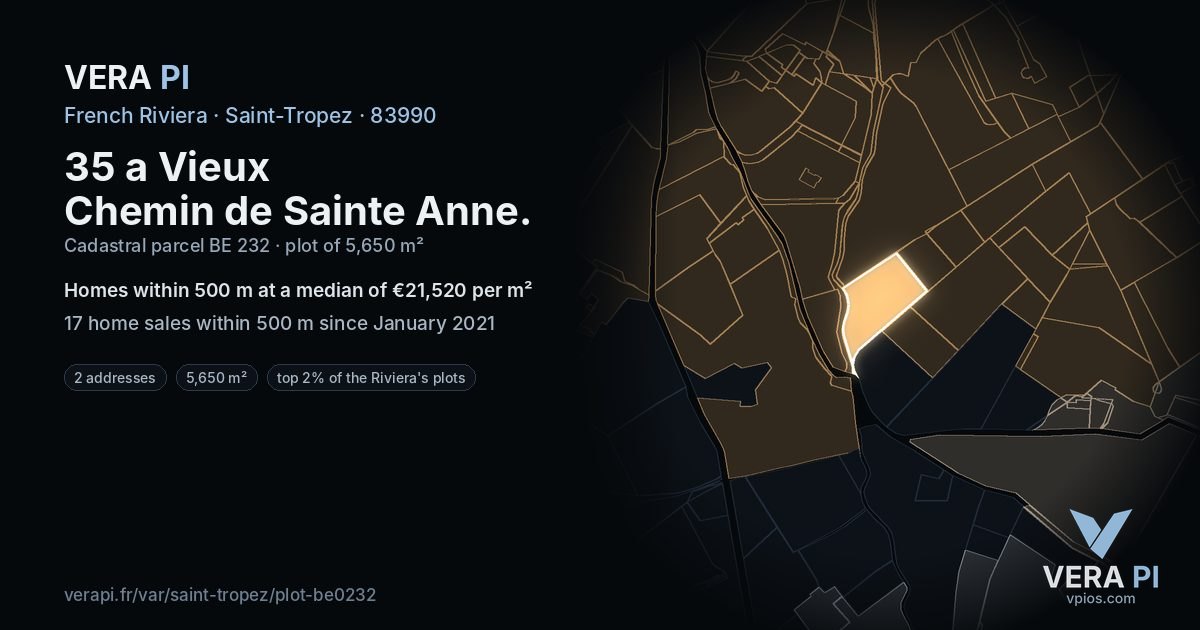 35 a Vieux Chemin de Sainte Anne, Saint-Tropez at night – the plot lit, the parcels around coloured by the prices near them