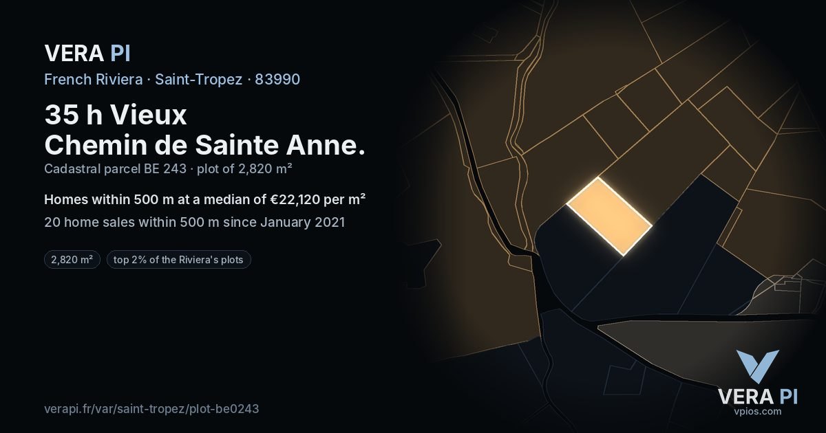 35 h Vieux Chemin de Sainte Anne, Saint-Tropez at night – the plot lit, the parcels around coloured by the prices near them