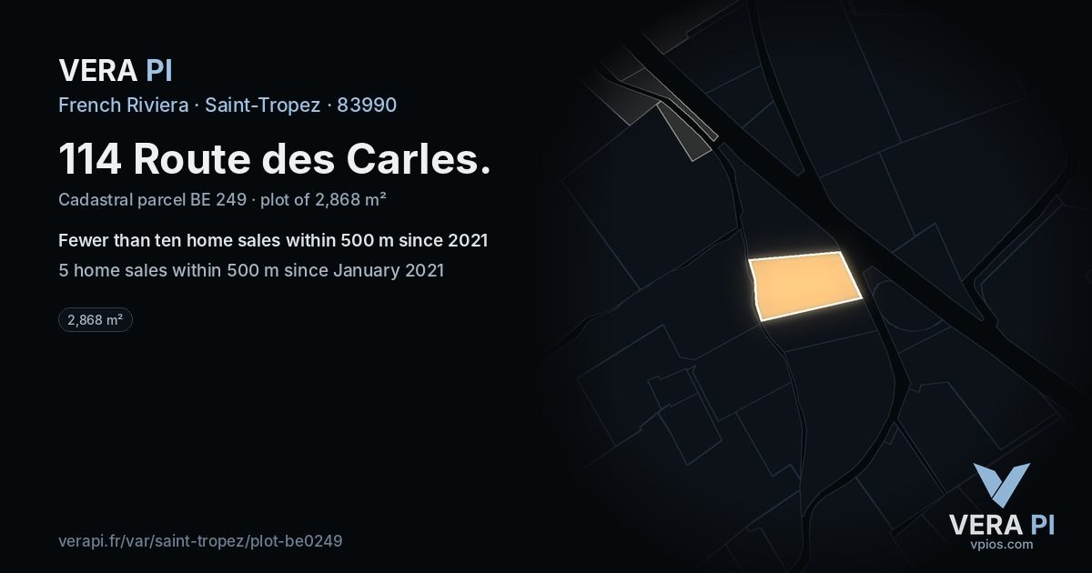 114 Route des Carles, Saint-Tropez at night – the plot lit, the parcels around coloured by the prices near them