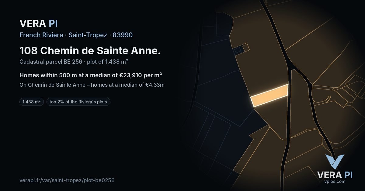 108 Chemin de Sainte Anne, Saint-Tropez at night – the plot lit, the parcels around coloured by the prices near them
