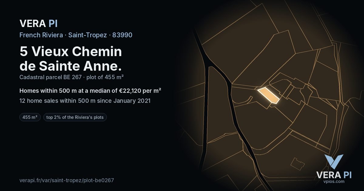 5 Vieux Chemin de Sainte Anne, Saint-Tropez at night – the plot lit, the parcels around coloured by the prices near them