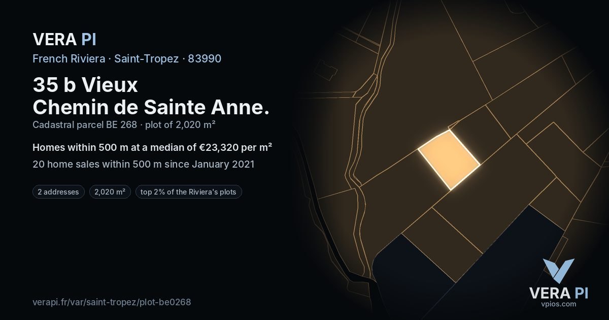 35 b Vieux Chemin de Sainte Anne, Saint-Tropez at night – the plot lit, the parcels around coloured by the prices near them